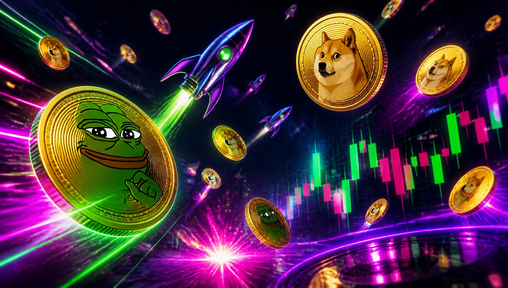 Neon memecoins, rockets and trading charts floating in a cyberpunk space